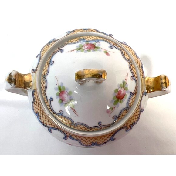Nippon Vintage Hand-Painted Porcelain Sugar Bowl With Lid & Floral Design - Picture 2 of 5
